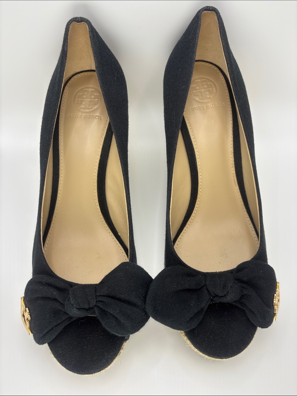 Tory Burch Black Bow Peep-Toe Wedges
